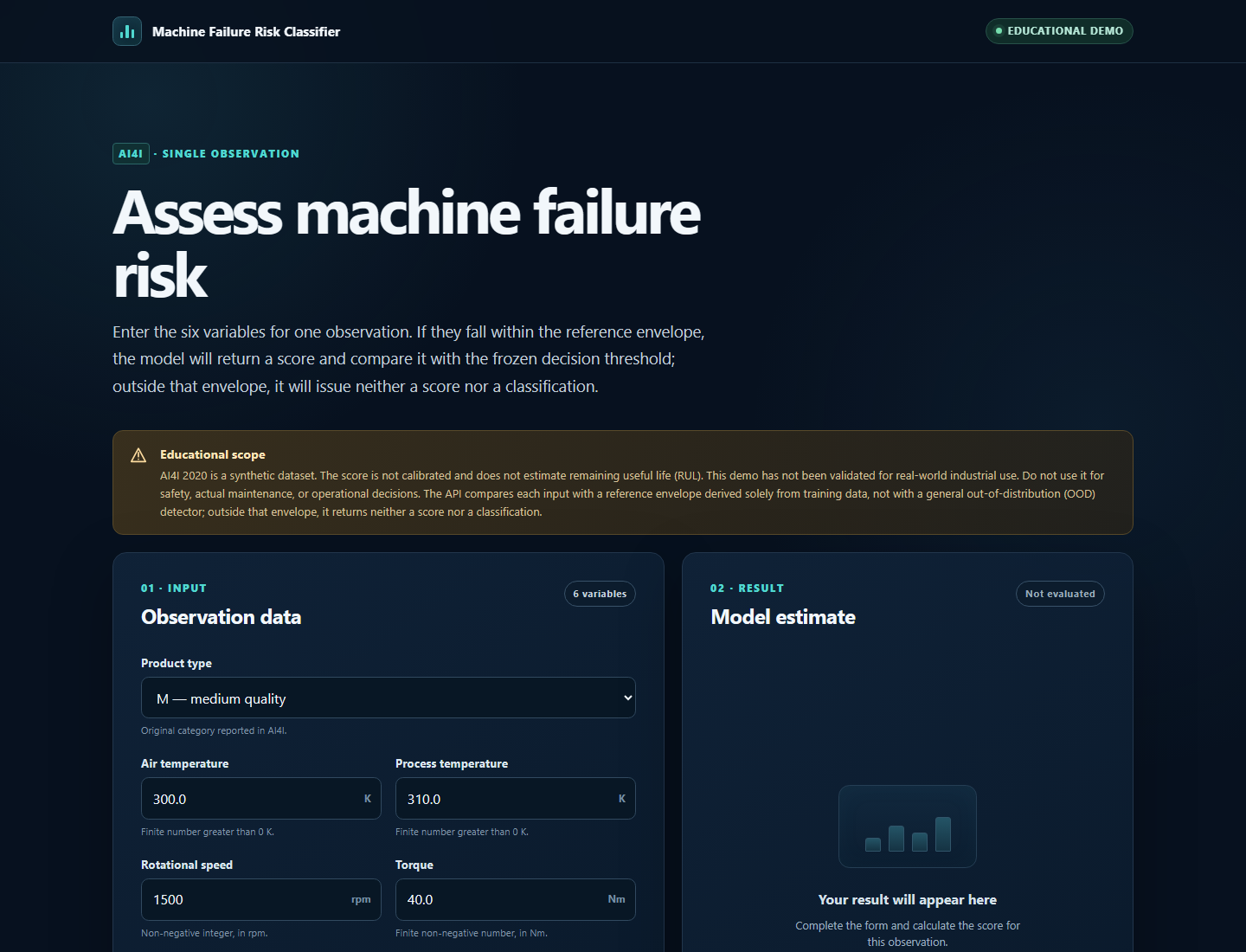 Interfaz en inglés de la demo Machine Failure Risk Classifier